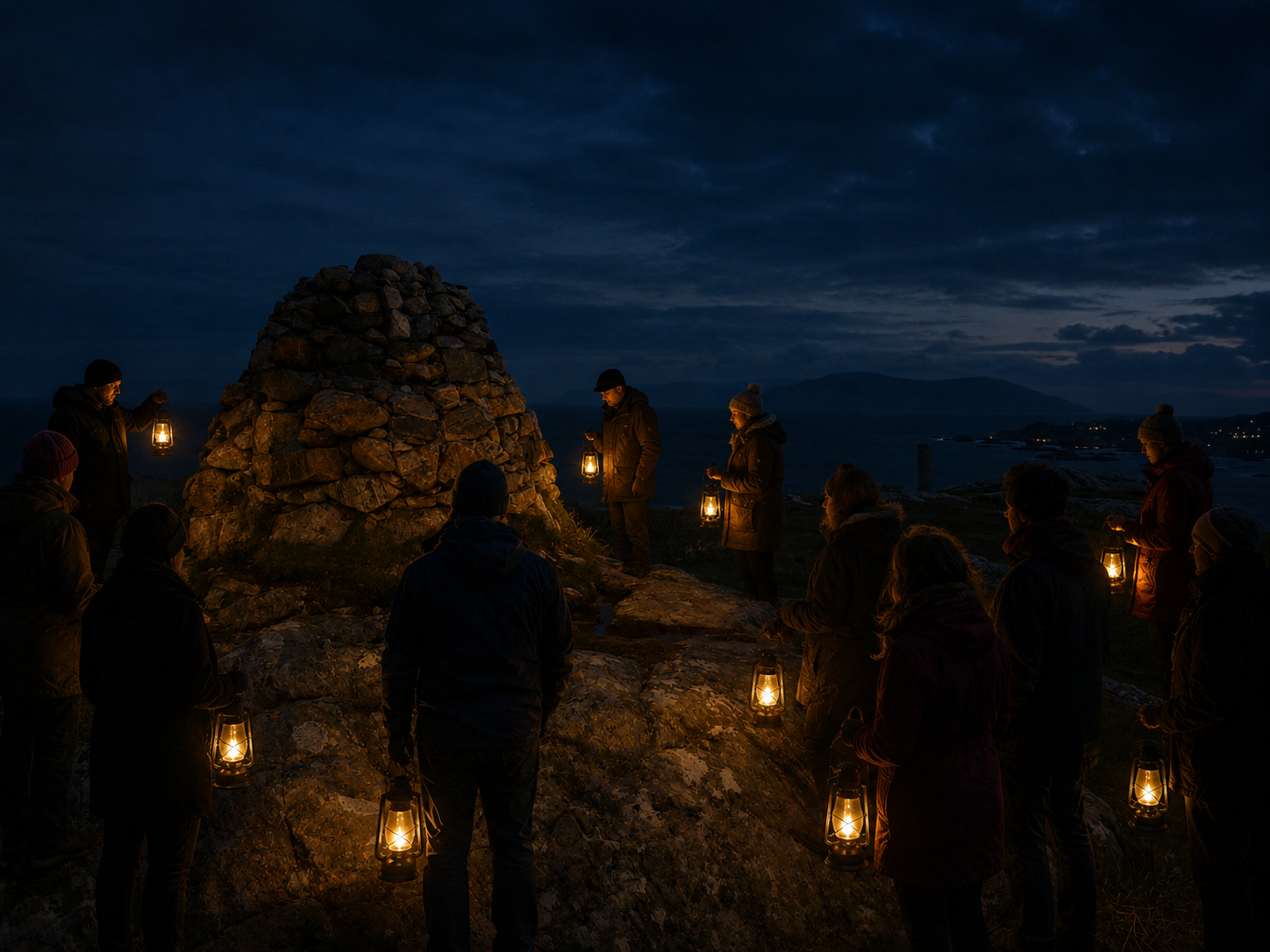 Pilgrims with lanterns gathered around the summit cairn on Dùn Ì at night
