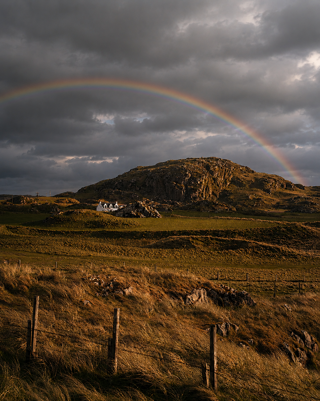 Rainbow arching over Dùn Ì with the cottage and moorland below