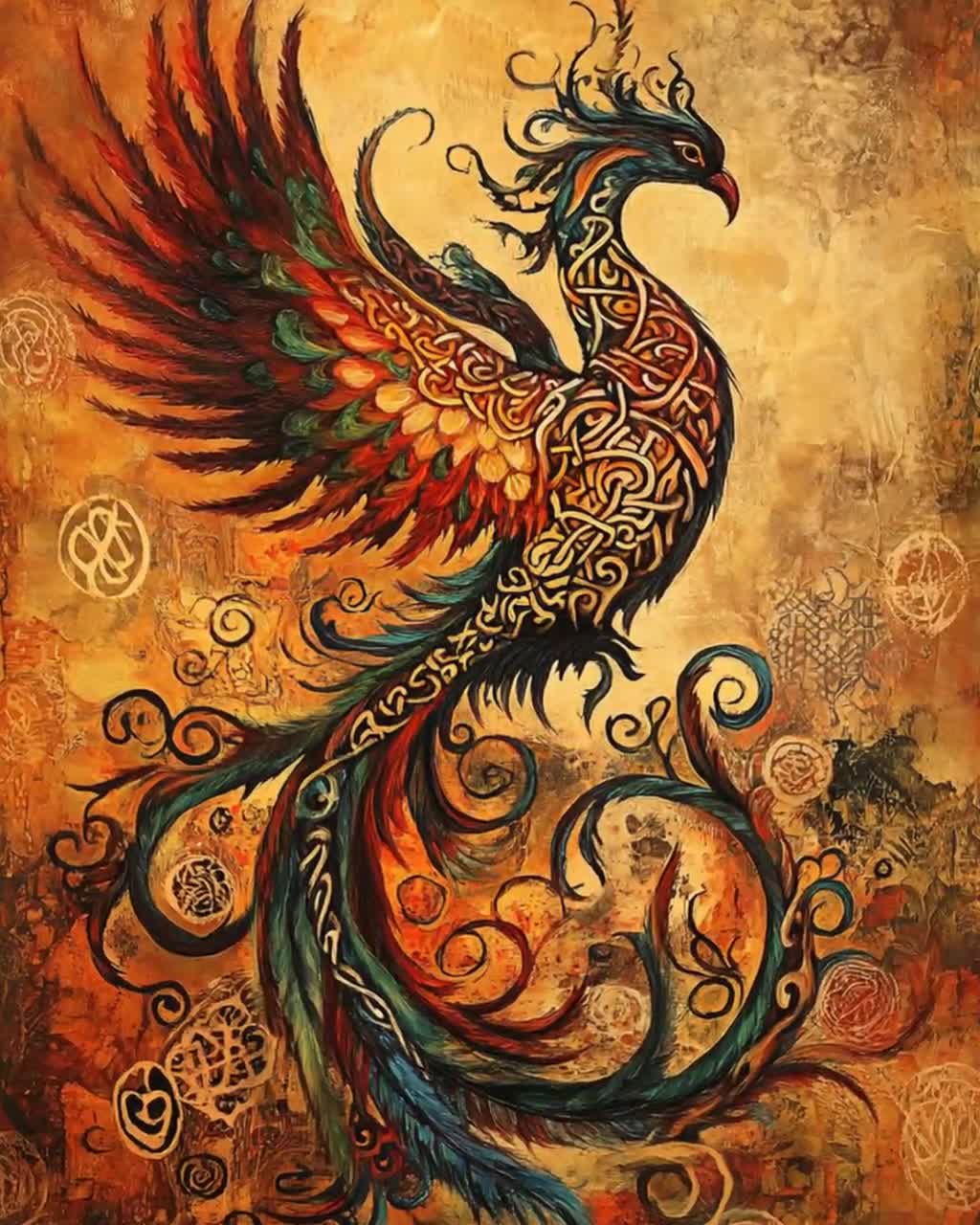 Celtic phoenix rising in knotwork and flame