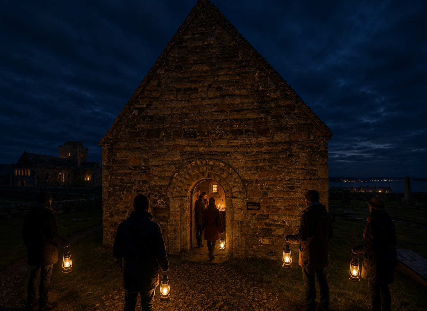 Pilgrims with lanterns gathered at the doorway of St Oran's Chapel at night, Iona Abbey lit in the distance